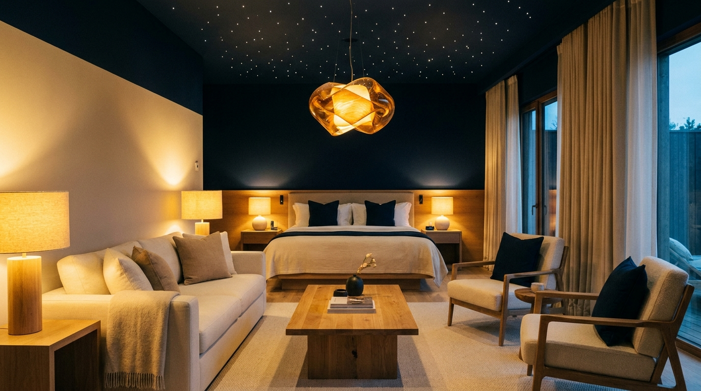 Warmly lit modern bedroom at dusk with ambient lamps and soft star-like ceiling light