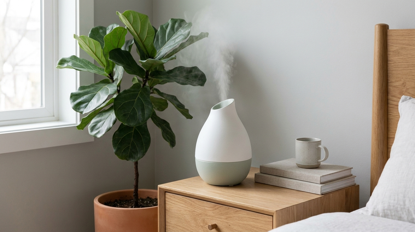 Serene modern bedside scene with soft cool mist rising beside a green plant in natural daylight