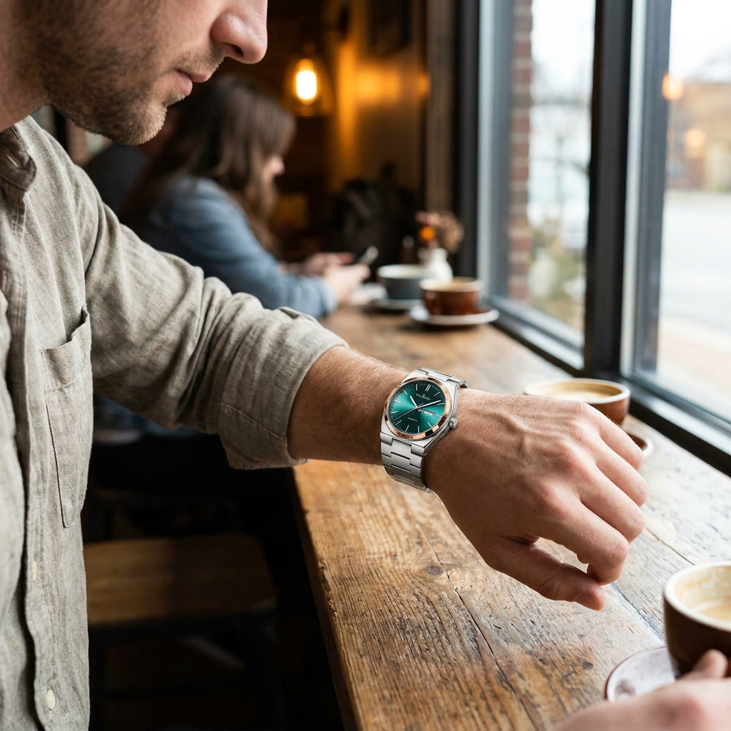 Ultra-thin steel-band quartz watch worn on wrist, lifestyle