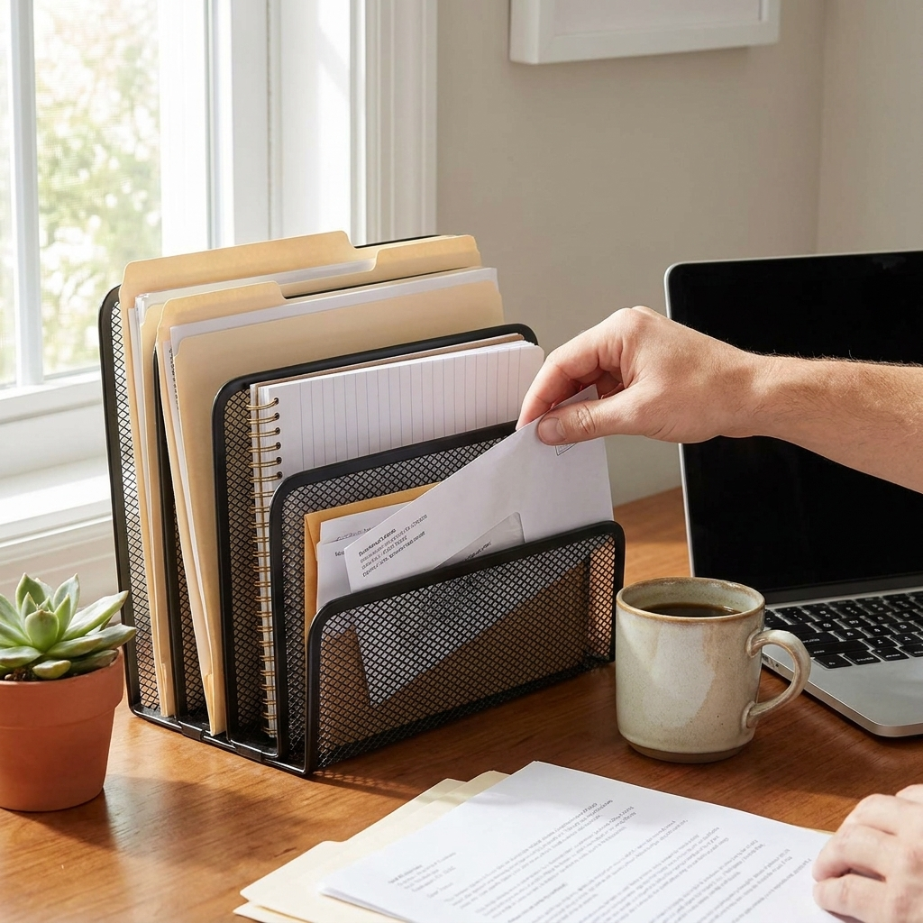 Desk organizer mesh shelf in use