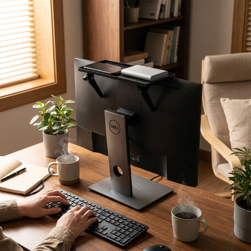 Monitor clip storage rack in use