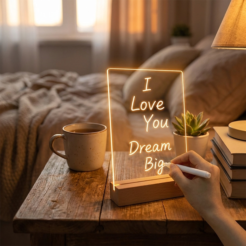 Note board LED night light in a cozy bedroom lifestyle setting