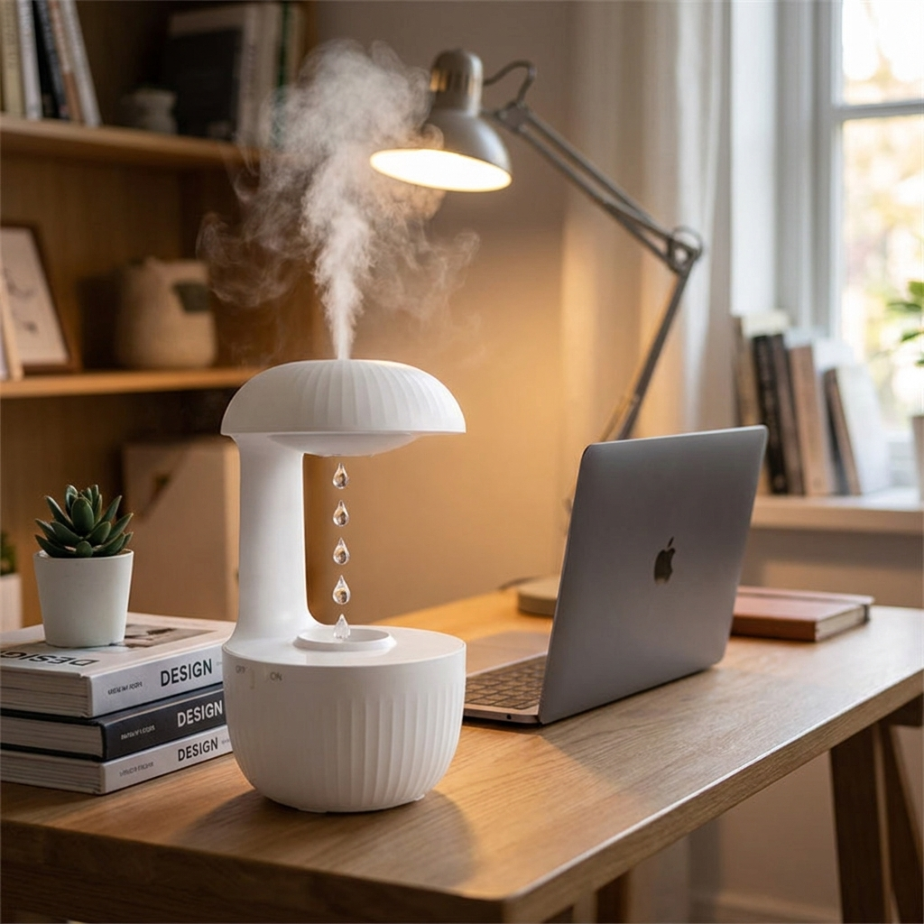 Anti-gravity levitating humidifier on a modern desk lifestyle setting