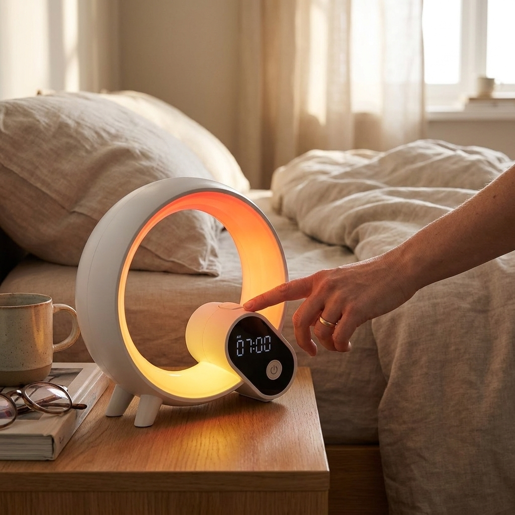 Sunrise alarm clock on a bedroom nightstand lifestyle setting