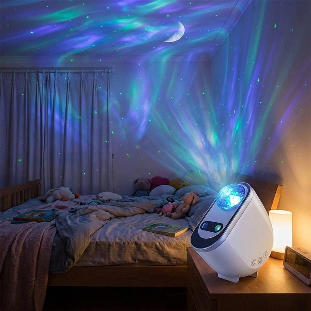 Aurora star projector lighting up a cozy bedroom lifestyle setting