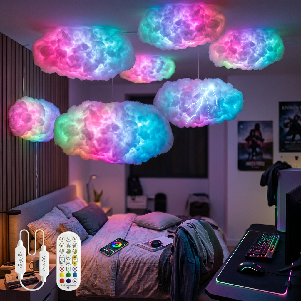 RGBIC cloud ambient light glowing over a modern bedroom lifestyle setting